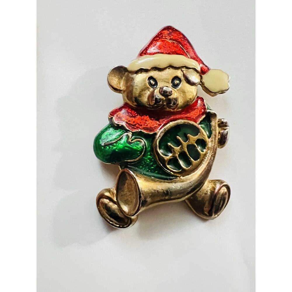 Vintage Christmas Brooch Teddy Santa With Musical Instrument Colorful Enamel Pin